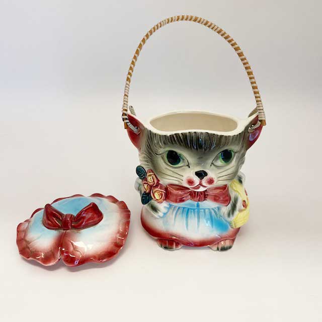 ヴィンテージ赤いリボンが可愛い猫型クッキージャー/キャニスター 日本