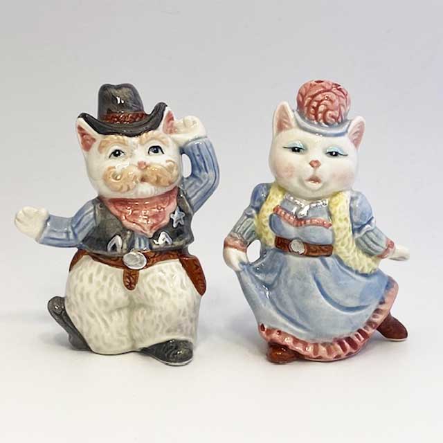 ウェスタンな猫カップルのソルト＆ペッパーシェイカー OCI　Fitz & Floyd　アメリカ1980-90年代