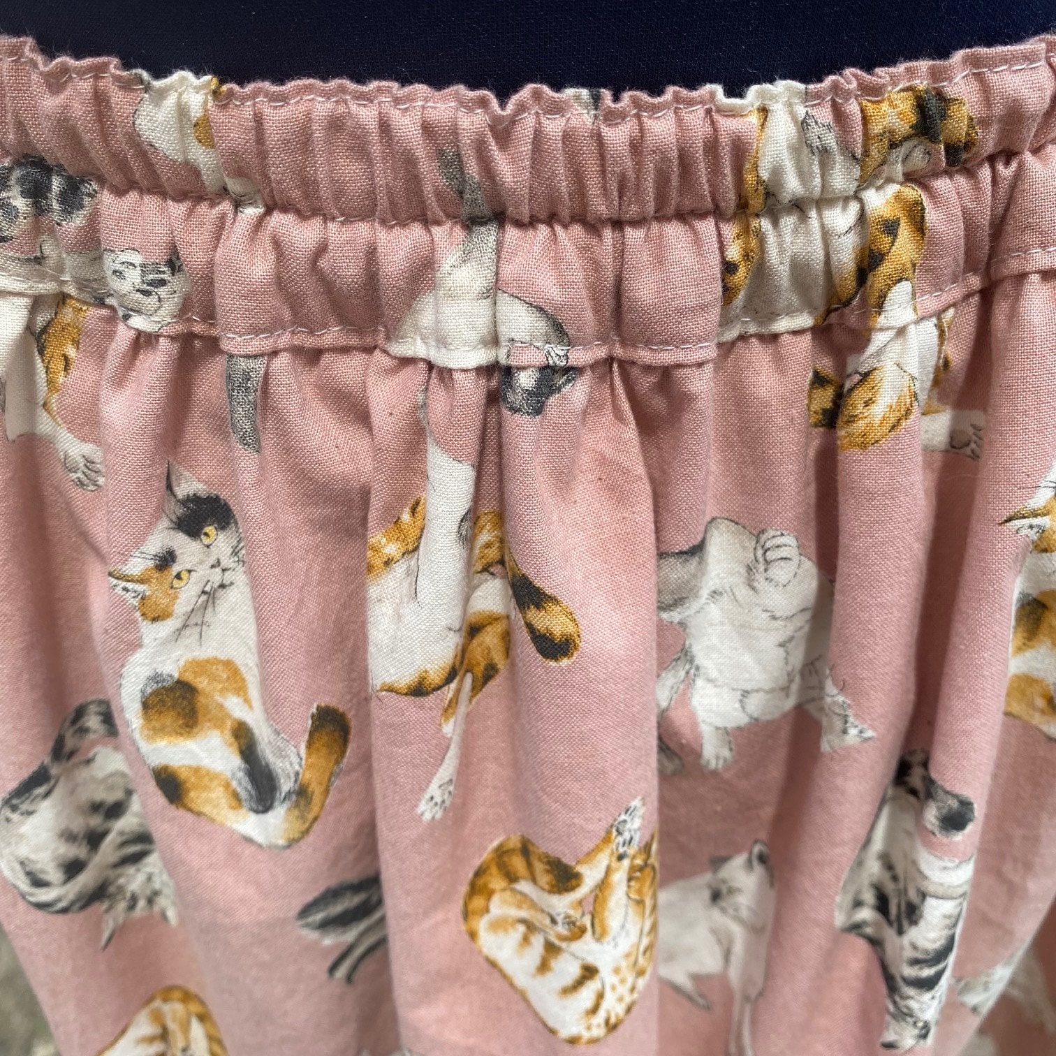 ハンドメイド猫柄スカート ピンク 日本製 綿100% フリーサイズ My Cotton