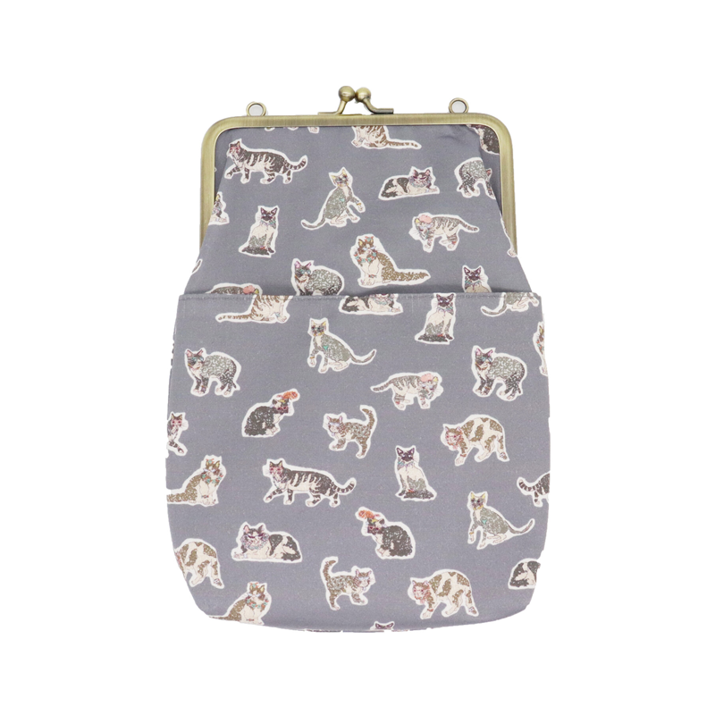 Ripple×LIBERTY　リバティの猫柄生地のがま口 2WAY ショルダーバッグ グレー