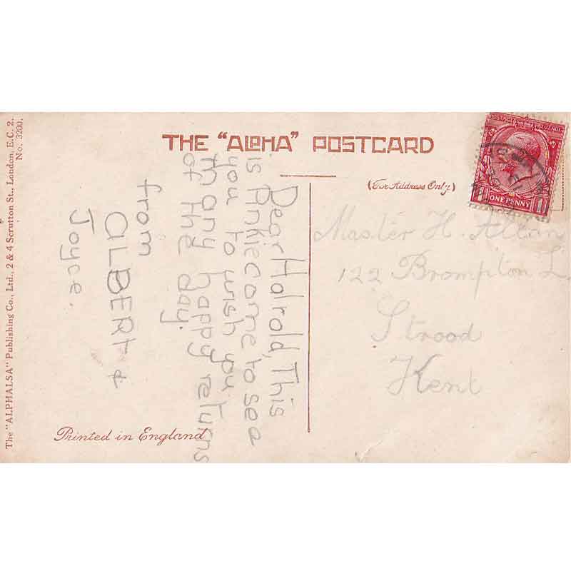 赤いリボンのブリティッシュショートヘアの黒猫ちゃんのアンティークポストカード L.E.D.　1919年消印