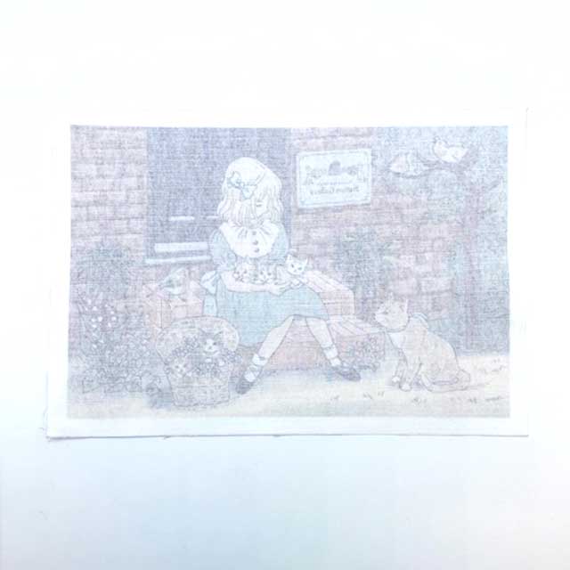 Yanaka Red House Button Galleryオリジナル猫のイラストパネル生地「少女と猫たち」