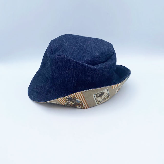 猫柄帽子　ヴィンテージカフェ風×デニム生地のリバーシブル　コットン100％　My Cotton　ハンドメイド