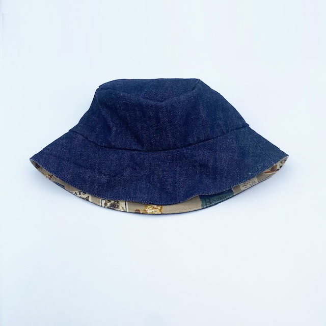 猫柄帽子　ヴィンテージカフェ風×デニム生地のリバーシブル　コットン100％　My Cotton　ハンドメイド