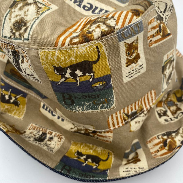 猫柄帽子　ヴィンテージカフェ風×デニム生地のリバーシブル　コットン100％　My Cotton　ハンドメイド