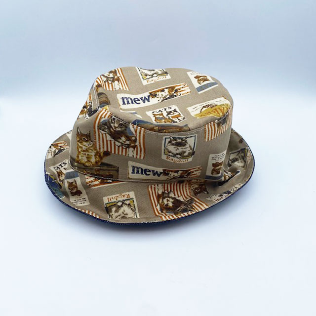 猫柄帽子　ヴィンテージカフェ風×デニム生地のリバーシブル　コットン100％　My Cotton　ハンドメイド
