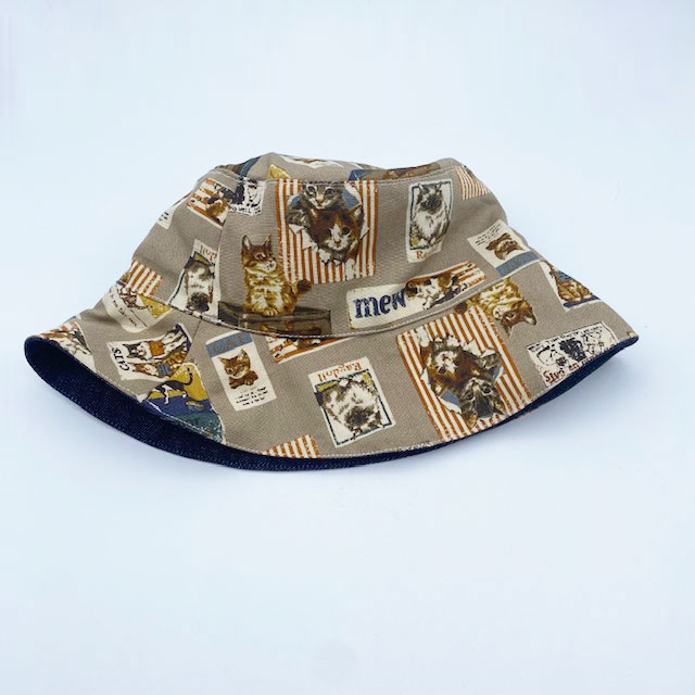 猫柄帽子　ヴィンテージカフェ風×デニム生地のリバーシブル　コットン100％　My Cotton　ハンドメイド