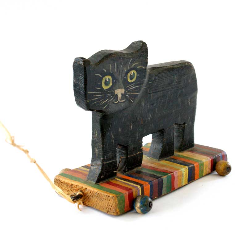 1920年代 ヴィンテージ黒猫の木製おもちゃ 引き車 プルトイ TIM & SAILOR