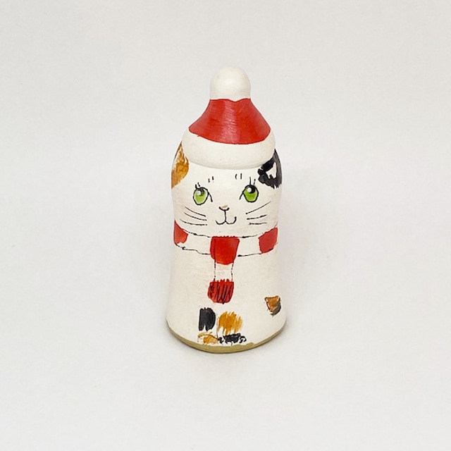 イギリス サンタ帽子をかぶった三毛猫 素焼きのミニ猫 シンブル Merryfield Pottery