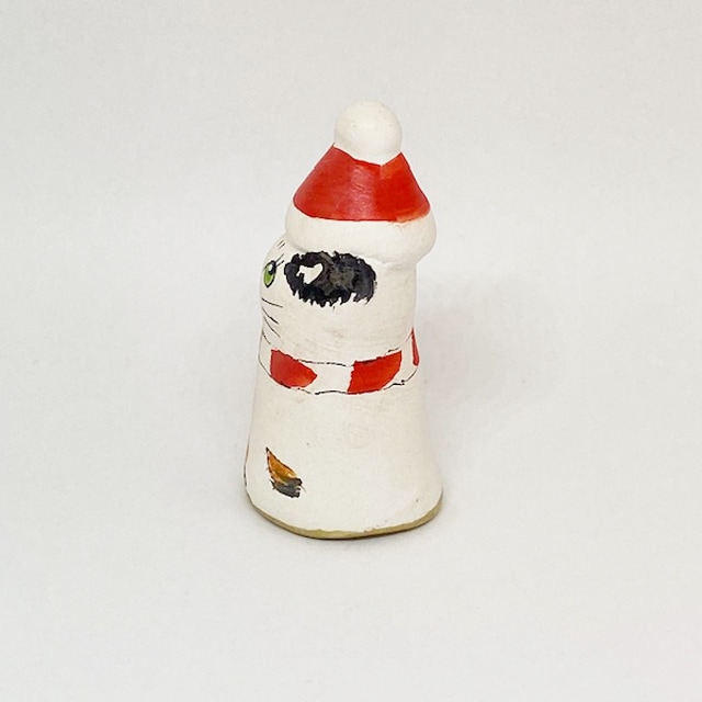 イギリス サンタ帽子をかぶった三毛猫 素焼きのミニ猫 シンブル Merryfield Pottery
