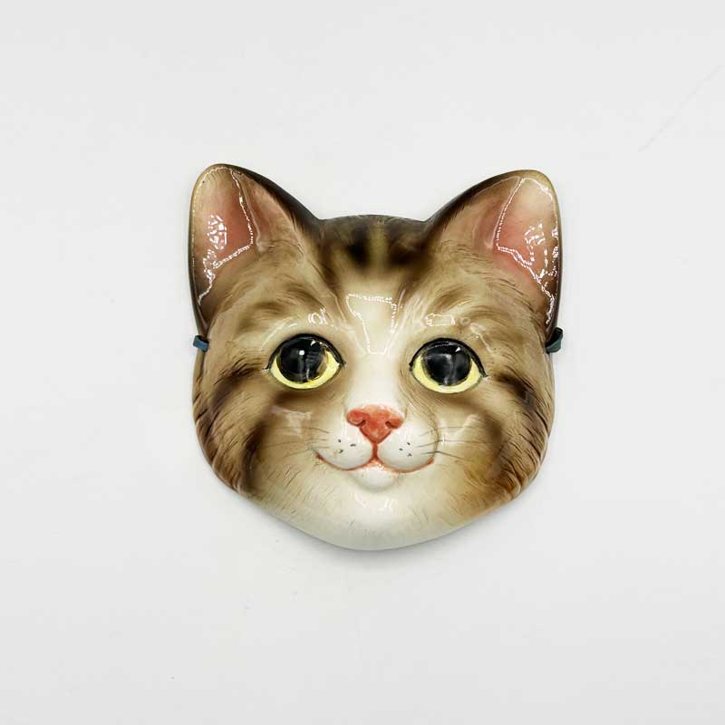 陶器製の猫顔マスク キジトラ白猫 ウォールアート おそらく1980年代の日本製