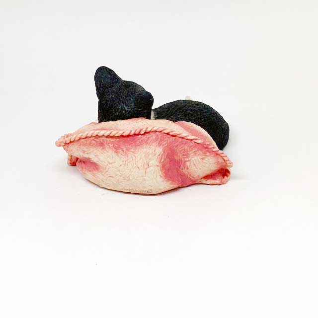 シェラット&シンプソン ピンクのクッションに寄りかかる黒白ハチワレ猫ちゃん Sherratt and Simpson