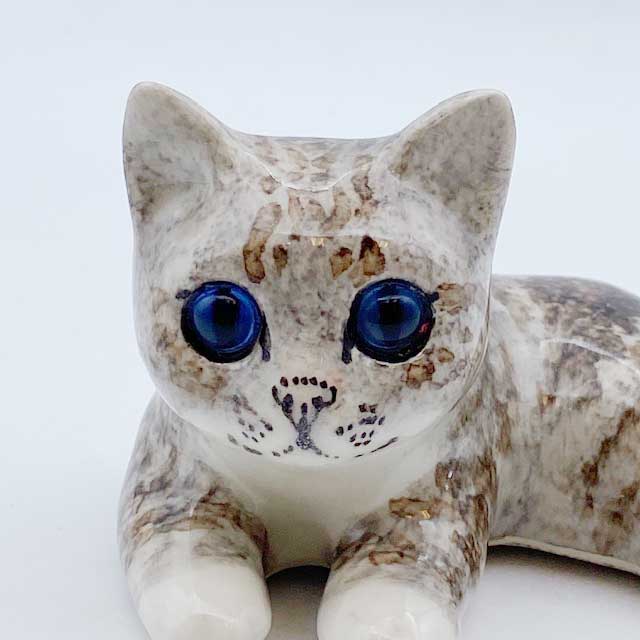 ウィンスタンレイキャット 手乗りサイズの横たわりサバトラ白猫 ブルー