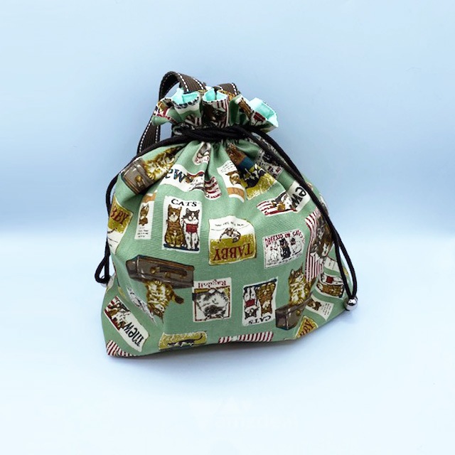 ヴィンテージ風猫イラスト柄のきんちゃく風トートバッグ ハンドメイド布バッグ My Cotton