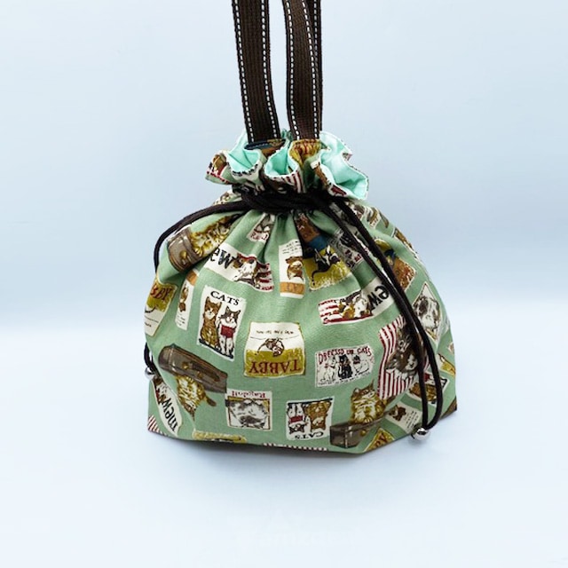 ヴィンテージ風猫イラスト柄のきんちゃく風トートバッグ ハンドメイド布バッグ My Cotton