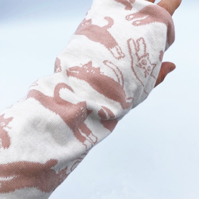 猫柄 アームウォーマー ピンク 綿100% ハンドメイド My Cotton