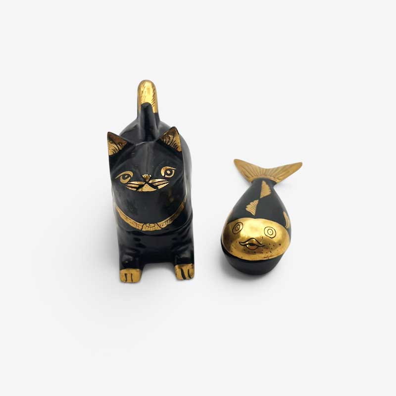 黒猫と魚の木製小物入れ トリンケットボックス　アジアンヴィンテージ
