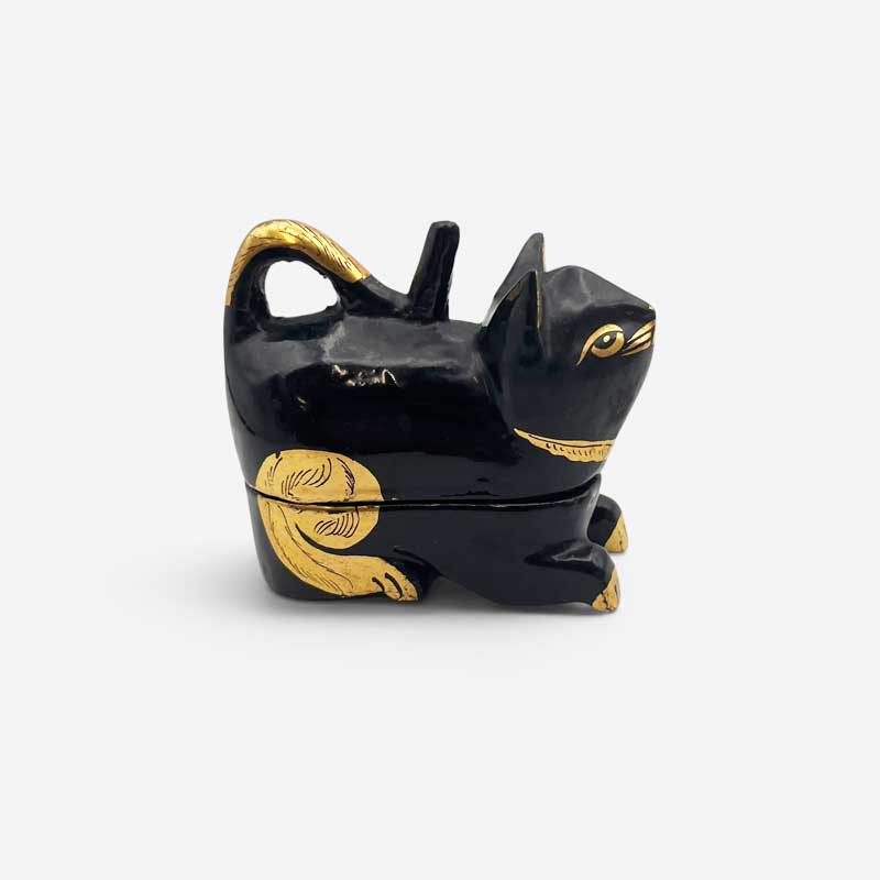 黒猫と魚の木製小物入れ トリンケットボックス　アジアンヴィンテージ