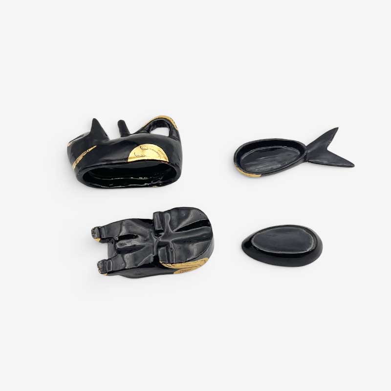 黒猫と魚の木製小物入れ トリンケットボックス　アジアンヴィンテージ