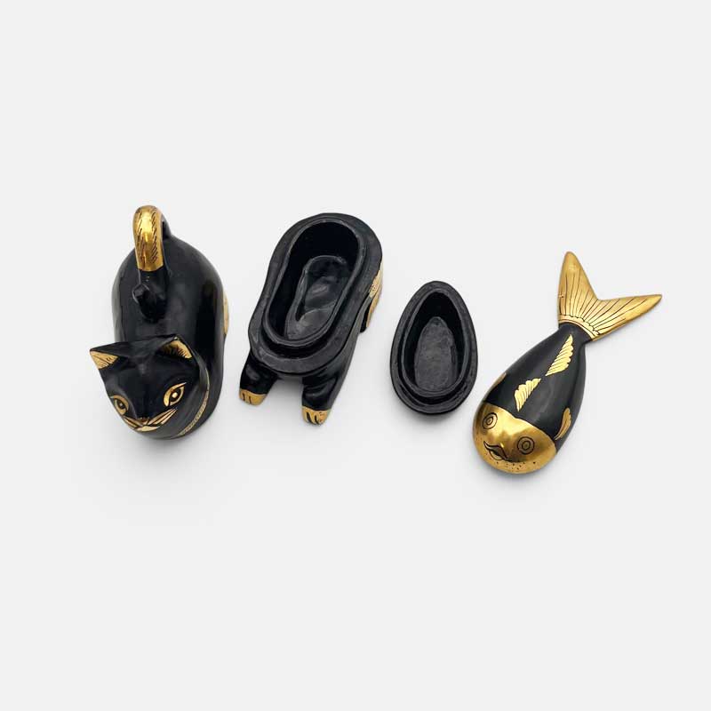 黒猫と魚の木製小物入れ トリンケットボックス　アジアンヴィンテージ
