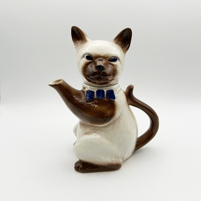 トニーウッドスタジオ Tony Wood Studio　シャム猫のティーポット 青のリボン 英国製