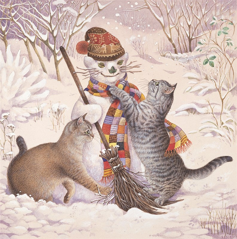レズリーアンアイボリー 猫の輸入グリーティングカード封筒付 Mumu, Mintaka and the snow cat