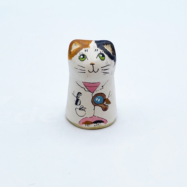 イギリス 素焼きのミニ猫 シンブル ヘアドレッサー三毛猫 Merryfield Pottery