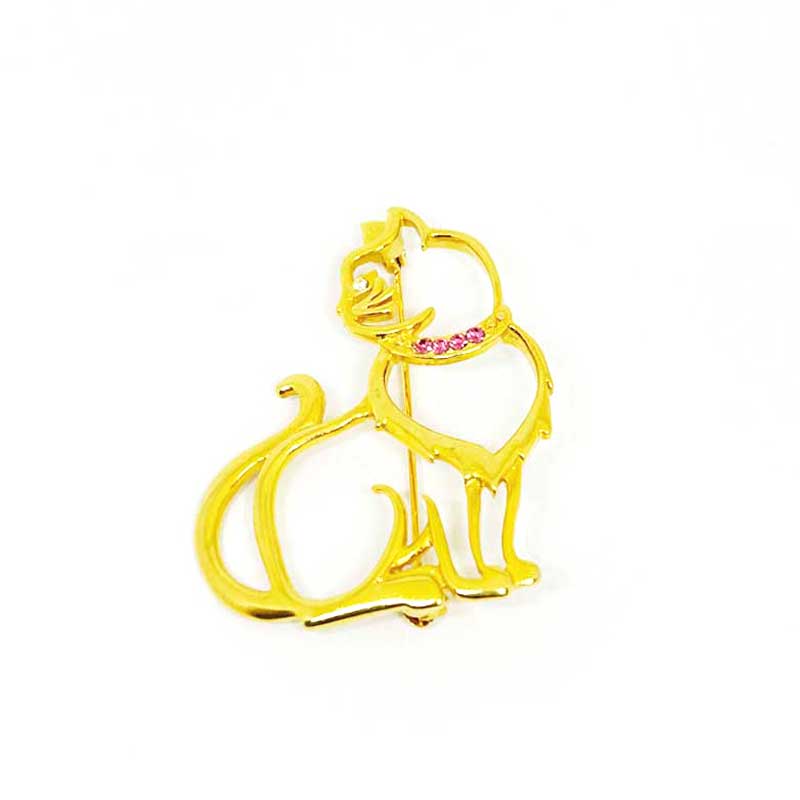 JJ Jonette 猫のヴィンテージブローチ ピンクラインストーンの首輪をしている猫