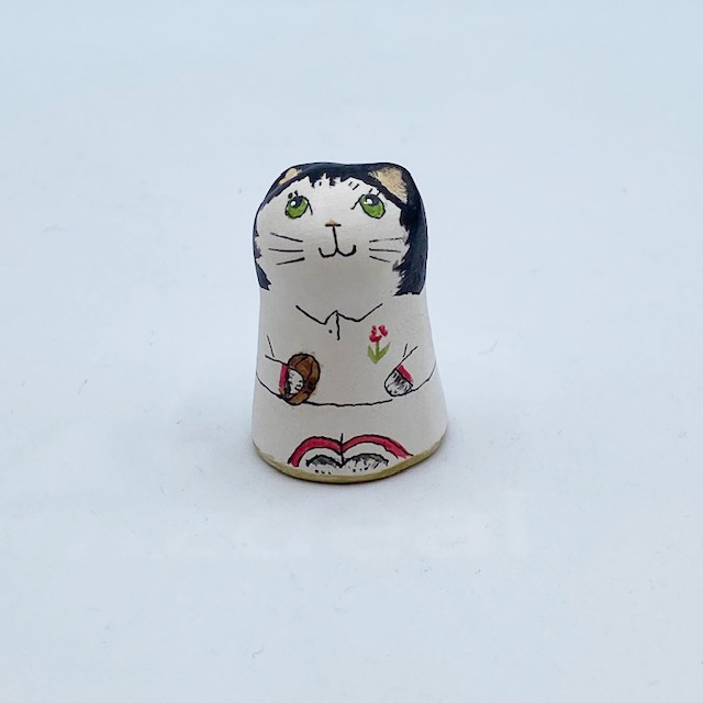 イギリス 素焼きのミニ猫　シンブル ラグビー　ラガーマン　黒白猫  Merryfield Pottery