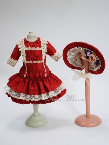 約33cm〜37cm位 ドールサイズ用 ワンピース＆ボンネット 作家もの　シルク|ドレス|ドール関連品 I