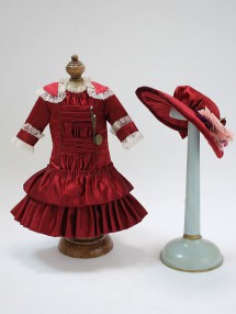 約36cm〜40cm位 ドールサイズ用 作家1点もの レッドのワンピース＆ボンネット|ドレス|ドール関連品 I