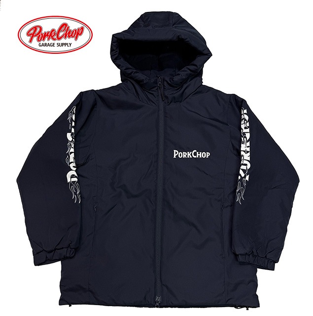 PORKCHOP GARAGE SUPPLY �ݡ�������å� ���졼�� ���ץ饤��BURNING LOGO HOODED JKT���С��˥� ���� �ա��ǥå� ���㥱�åȡ�NAVY �ͥ��ӡ�