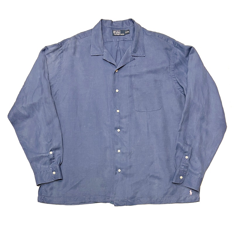 90s��Polo by Ralph Lauren �ݥ� ���ե������LINEN SILK OPEN COLLAR SHIRT ���󥰥��꡼�� ��ͥ� ���륯 ����� ��col.BLUE��size:XXL ��VINTAGE �ӥ�ơ����ۡ���šۡ�Ź�޻����Բġ�