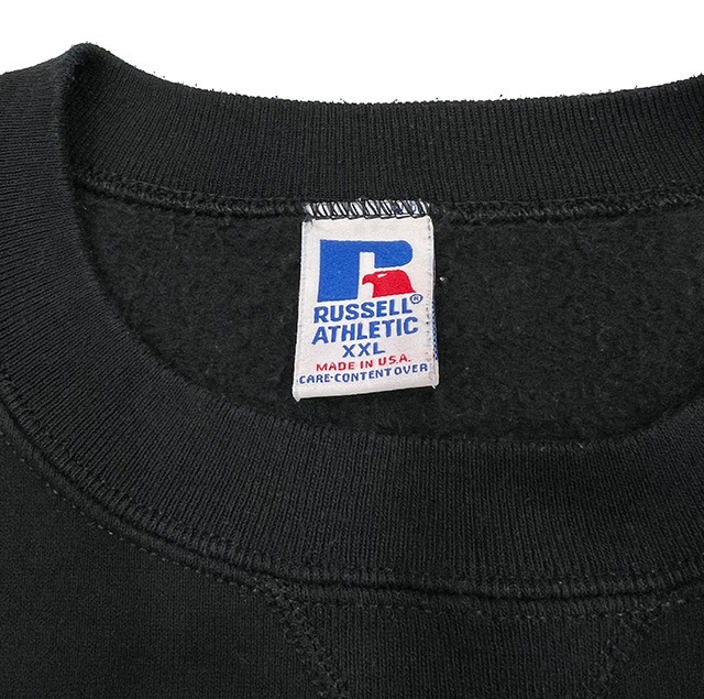 90s USA製 ラッセル 無地 タートルネック スウェット メンズ レディース L 古着 オールド 前V 裏起毛 ワンポイント ブランク ハイネック 紺
