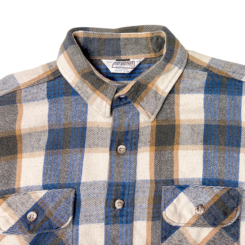 80s��FIVE BROTHER �ե����֥֥饶����L/S Flannel Shirt ���󥰥��꡼�� �ե��ͥ� ����ġ������å�����col:BLUE��ORANGE��size:2XL(18-18 1/2) TALL MAN��Made in U.S.A. ��VINTAGE ������ơ����ۡ���šۡ�Ź�޻����Բġ�