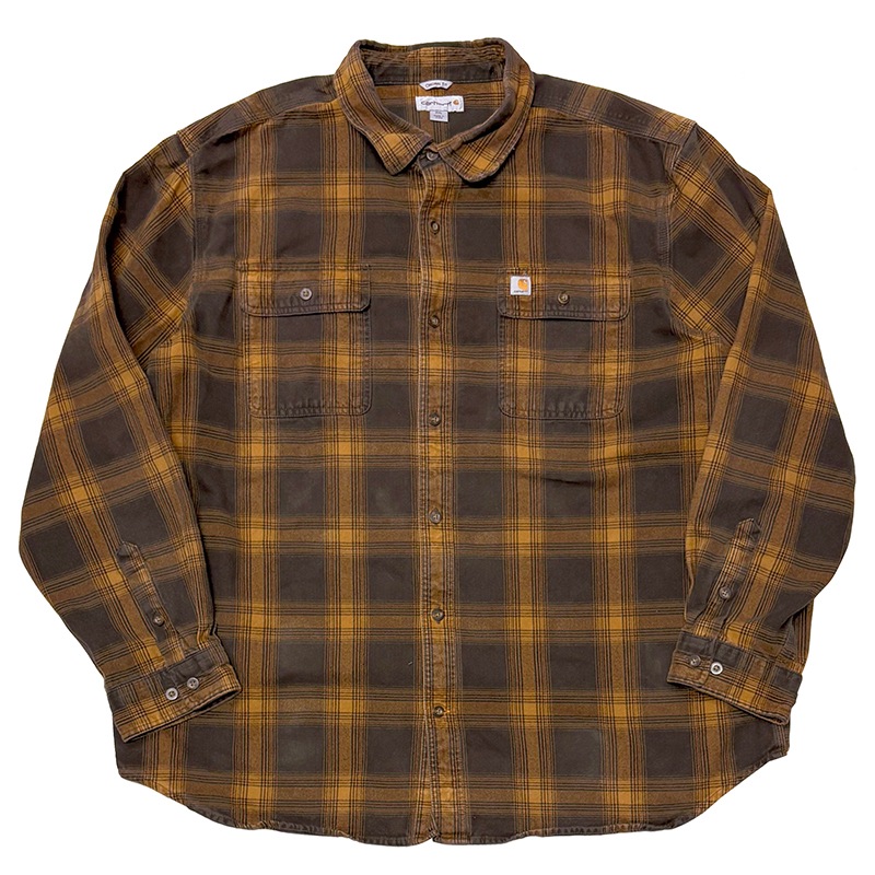 Carhartt �����ϡ��ȡ�L/S Flannel Shirt ���󥰥��꡼�� �ե��ͥ� ����ġ������å�����col.BROWN��YELLOW��size:2XL��ORIGINAL FIT ���ꥸ�ʥ�ե��åȡ�COTTON100%����USED �桼���ɡۡ���šۡ�Ź�޻����Բġ�