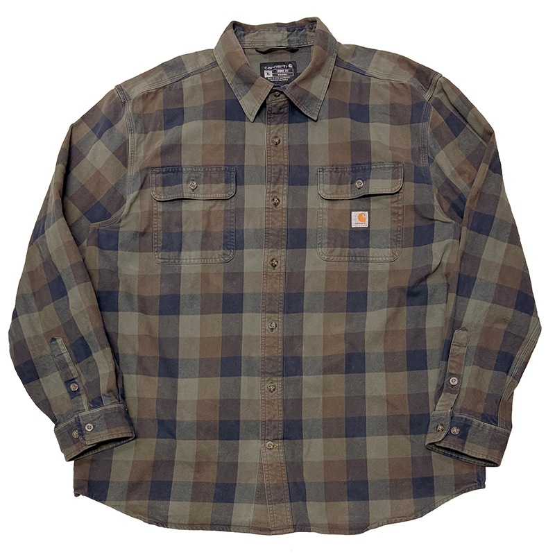 Carhartt �����ϡ��ȡ�L/S Flannel Shirt ���󥰥��꡼�� �ե��ͥ� ����ġ������å�����col.GREEN��BROWN��size:XL��LOOSE FIT �롼���ե��åȡ�COTTON100%����USED �桼���ɡۡ���šۡ�Ź�޻����Բġ�