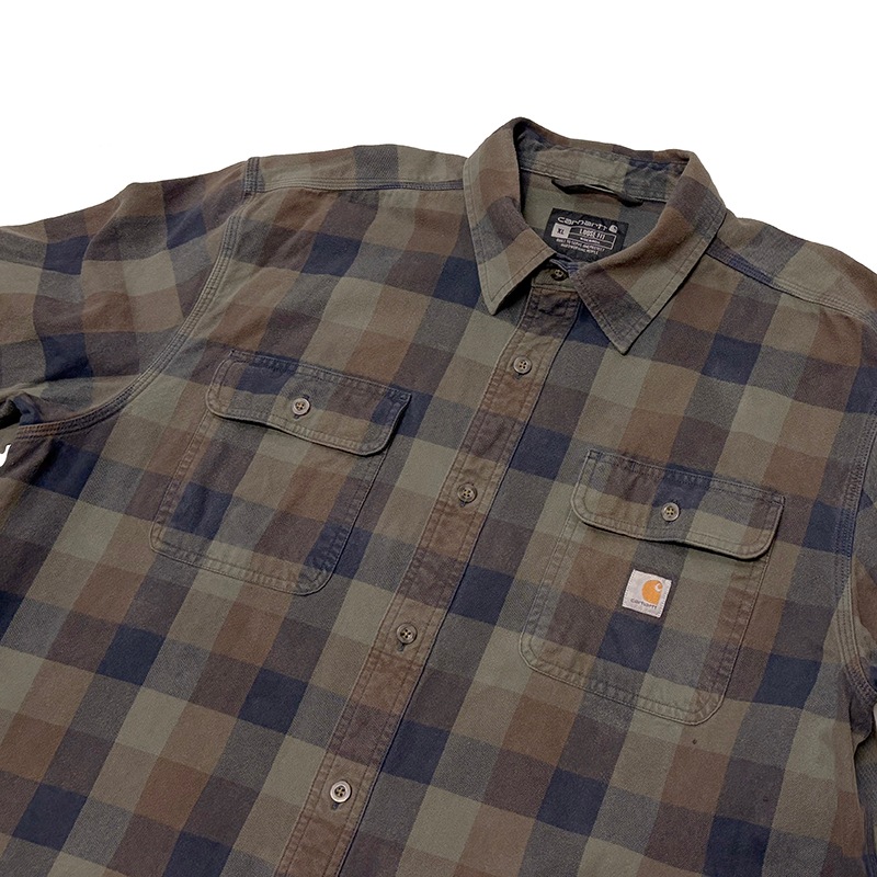 Carhartt �����ϡ��ȡ�L/S Flannel Shirt ���󥰥��꡼�� �ե��ͥ� ����ġ������å�����col.GREEN��BROWN��size:XL��LOOSE FIT �롼���ե��åȡ�COTTON100%����USED �桼���ɡۡ���šۡ�Ź�޻����Բġ�