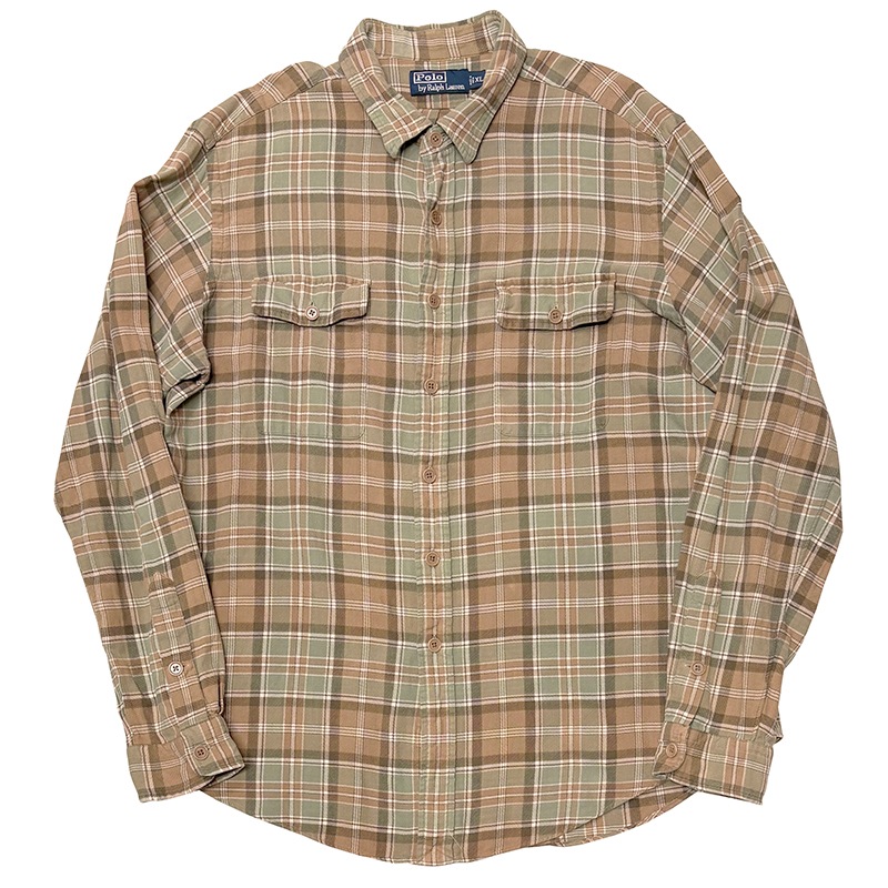 90s��Polo by Ralph Lauren �ݥ� ���ե������L/S Flannel Shirt ���󥰥��꡼�� �ե��ͥ� ����ġ������å�����col.BEIGE��GREEN��size:XL������ͥ롡��VINTAGE �ӥ�ơ����ۡ���šۡ�Ź�޻����Բġ�