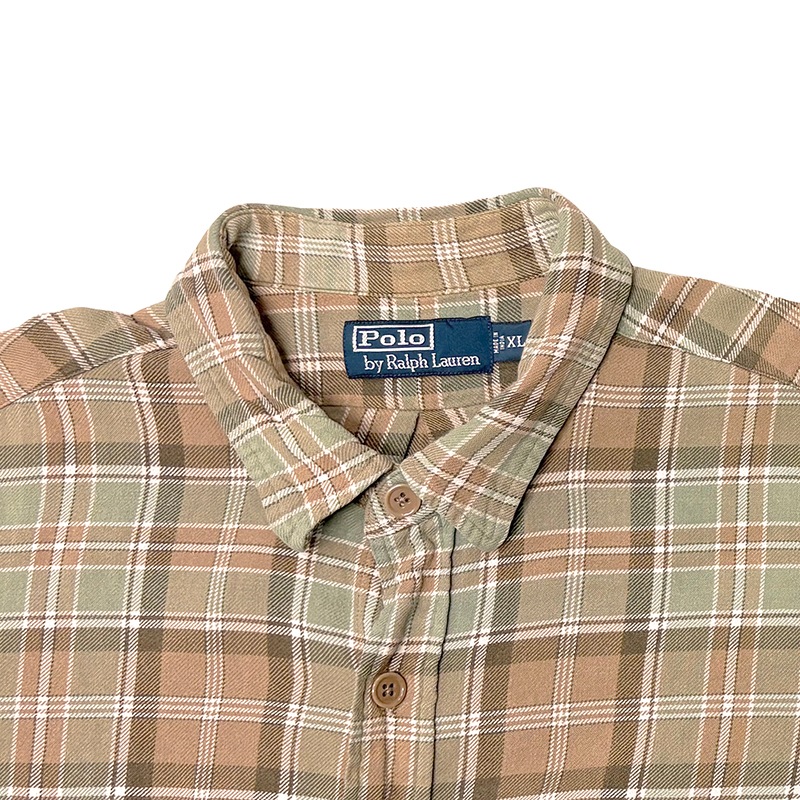 90s��Polo by Ralph Lauren �ݥ� ���ե������L/S Flannel Shirt ���󥰥��꡼�� �ե��ͥ� ����ġ������å�����col.BEIGE��GREEN��size:XL������ͥ롡��VINTAGE �ӥ�ơ����ۡ���šۡ�Ź�޻����Բġ�