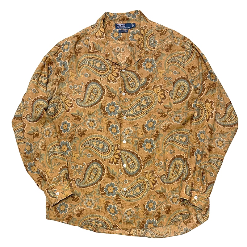 90s��Polo by Ralph Lauren �ݥ� ���ե������"BONNARD" OPEN COLLAR L/S SHIRT "�ܥʡ���" �����ץ󥫥顼 Ĺµ����ġ�col:CAMEL��size:L��LINEN100%����VINTAGE �ӥ�ơ����ۡ���š�