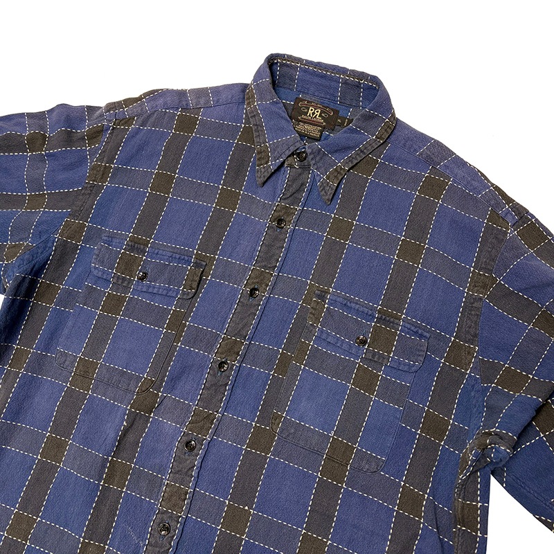 90s��DOUBLE RL ���֥륢���륨�롡STITCH PLAID L/S SHIRT ���ƥå� �ץ쥤�� ���󥰥��꡼�֥���ġ�col:BLUE��size:XL��RRL��Ralph Lauren ��VINTAGE �ӥ�ơ����ۡ���šۡ�Ź�޻����Բġ�