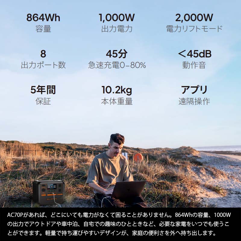 BLUETTI ݡ֥Ÿ AC70P+顼ѥͥPV120Dɺҿ侩 864Wh 1000W