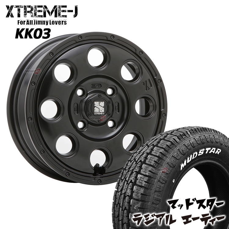 XTREME-J KK03 14x4.5J 4/100 ET45 サテンブラック マッドスター RADIAL A/T 155/65R14 ホワイトレター 新品タイヤ＆アルミホイール4本セット