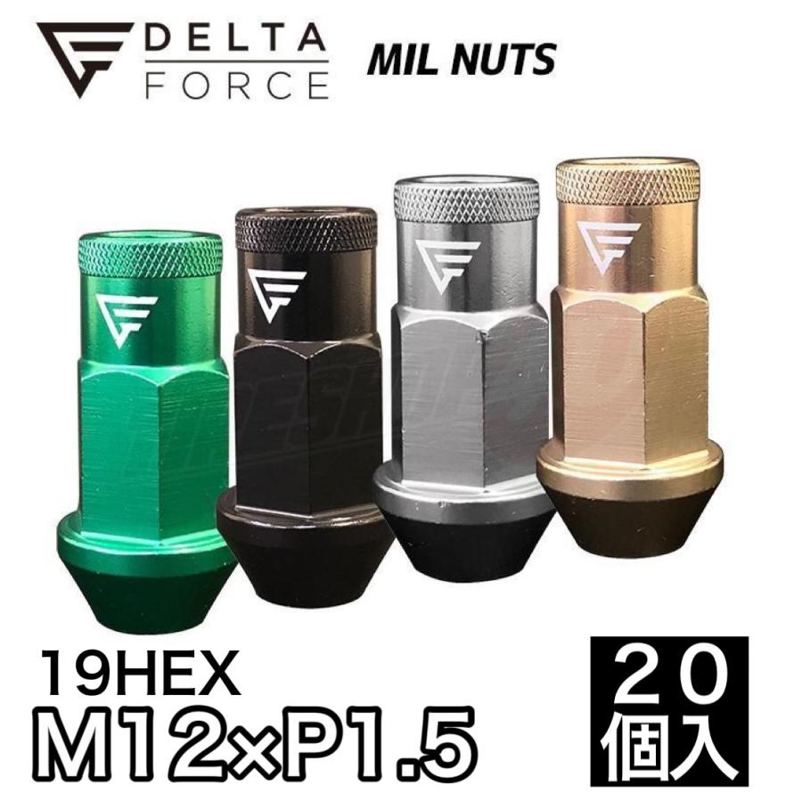 DELTA FORCE MIL NUTS デルタフォース ミルナット M12X1.5 19HEX 1台分 20個 4カラー 5穴車用 軽量アルミナット 高強度 貫通タイプ 日本製 トヨタ ミツビシなど