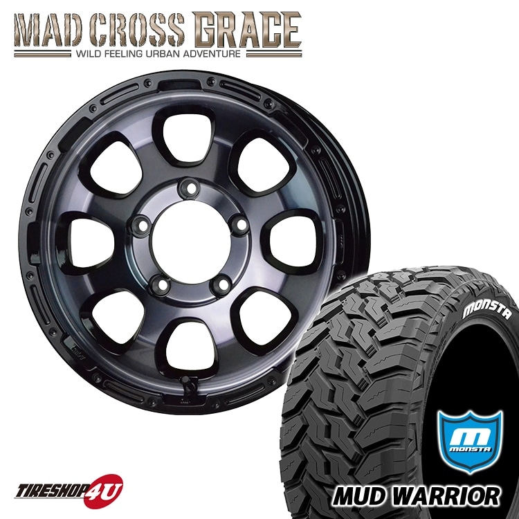 MAD CROSS GRACE 16x5.5J 5/139.7 +20 BKCBK MONSTA MUD WARRIOR 215/70R16 107/105Q LT RWL 8PR ジムニー JB64 新品 タイヤ＆アルミホイール4本セット