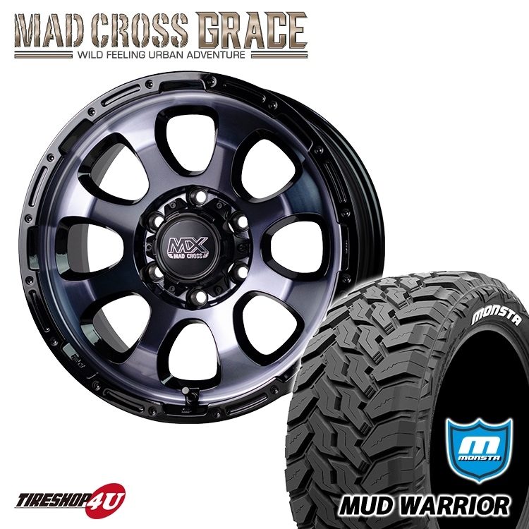 MAD CROSS GRACE 16x6.5J 6/139.7 +38 BKCBK MONSTA MUD WARRIOR 215/70R16 107/105Q LT 8PR ハイエース ホワイトレター グレイス 新品 タイヤ＆アルミホイール4本セット