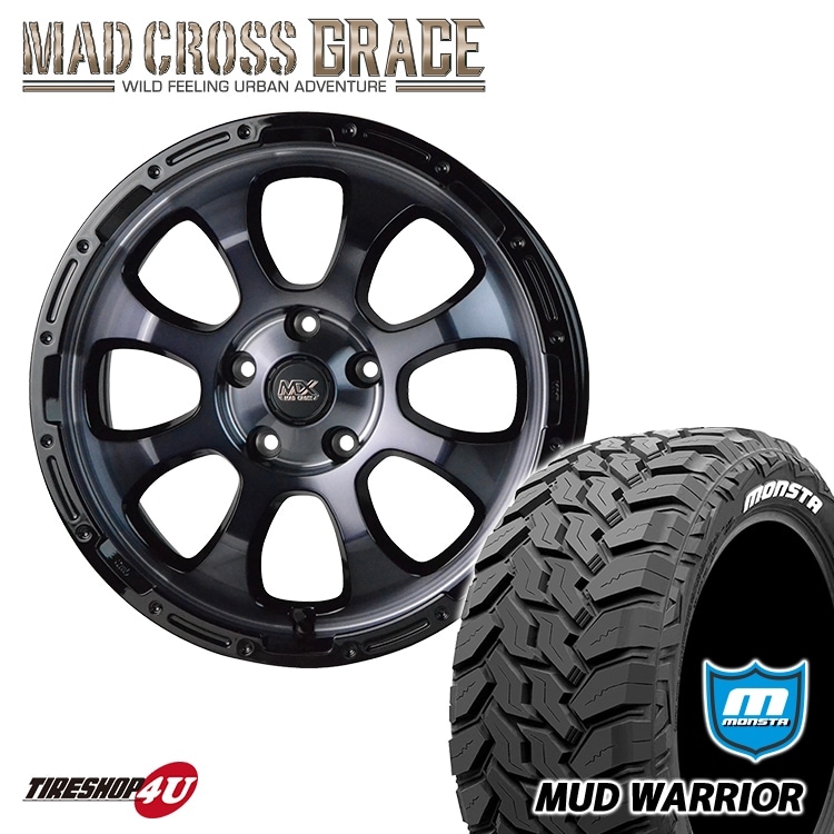 MAD CROSS GRACE 16x7.0J 5/114.3 +38 BKCBK MONSTA MUD WARRIOR 215/70R16 107/105Q LT RWL 8PR デリカD5 グレイス ホワイトレター 新品 タイヤ＆アルミホイール4本セット