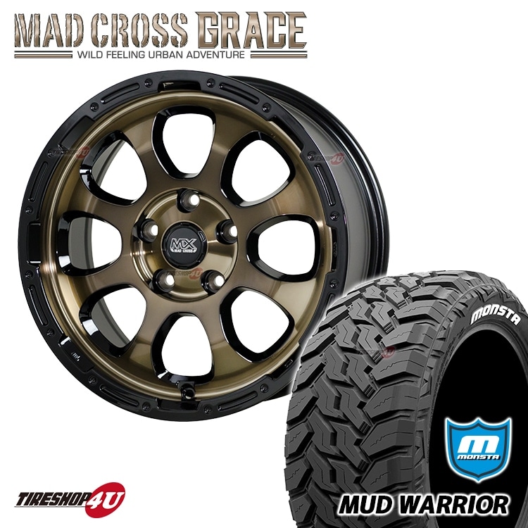 MAD CROSS GRACE 16x7.0J 5/114.3 +38 ブロンズ BRC/BK MONSTA MUD WARRIOR 215/70R16 モンスタ ホワイトレター デリカD5 マッドクロス 新品 タイヤ＆アルミホイール4本セット