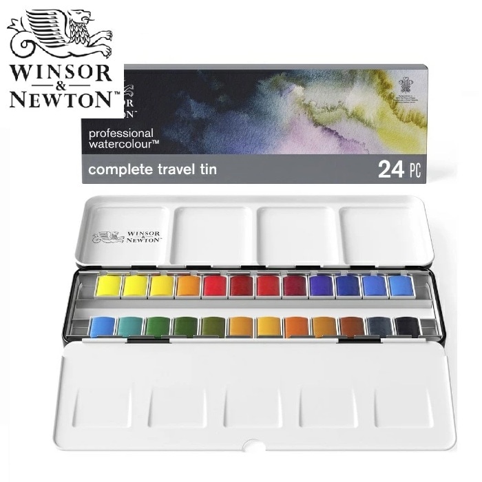 W&N プロフェッショナル・ウォーターカラー ハーフパン 固形水彩 コンプリートトラベルメタルボックスセットHP24色 18809553